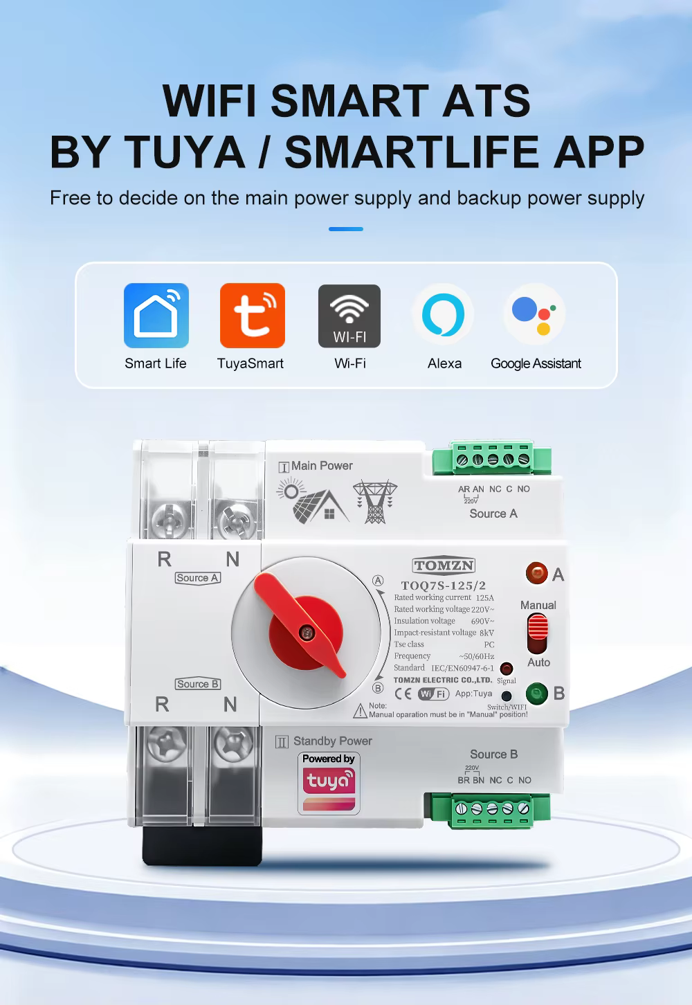 Tomzn Smart Dual Power Automatic Transfer Selector Switch ATS -125A