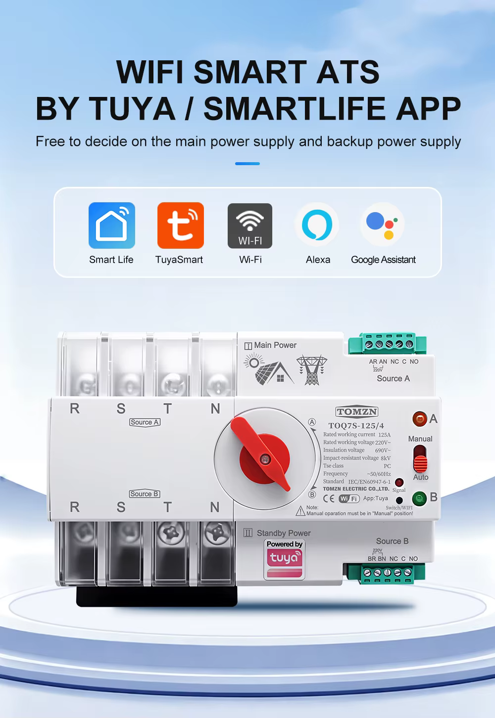 Tomzn Smart Dual Power Automatic Transfer Selector Switch ATS -125A — Three Phase